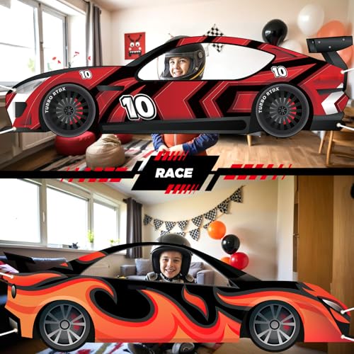 2PCS Race Cars Photo Booth Props Large Fabric Race Car Party Decorations Banner Sign Car Shaped Photo Prop Racing Themed S...