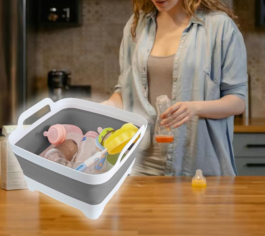 GIMWA Collapsible Wash Basin for Baby Bottles - 2.4 Gallons Portable Wash Bin for RV Camping Sink, Space-Saving Dish Tub (...