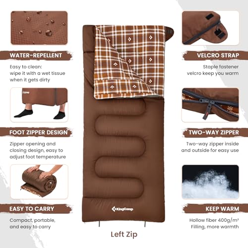 KingCamp Sleeping Bag for Adults, Cold Weather & Warm XL Big and Tall Flannel Sleeping Bags with Compression Sack Portable...