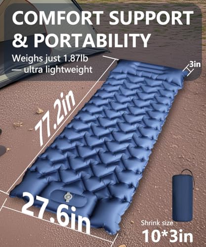 YOUXIU Camping Sleeping Pad, Extra Thickness 3'' Ultralight Inflatable Sleeping Mat with Built-in Foot Pump, Durable Compa...
