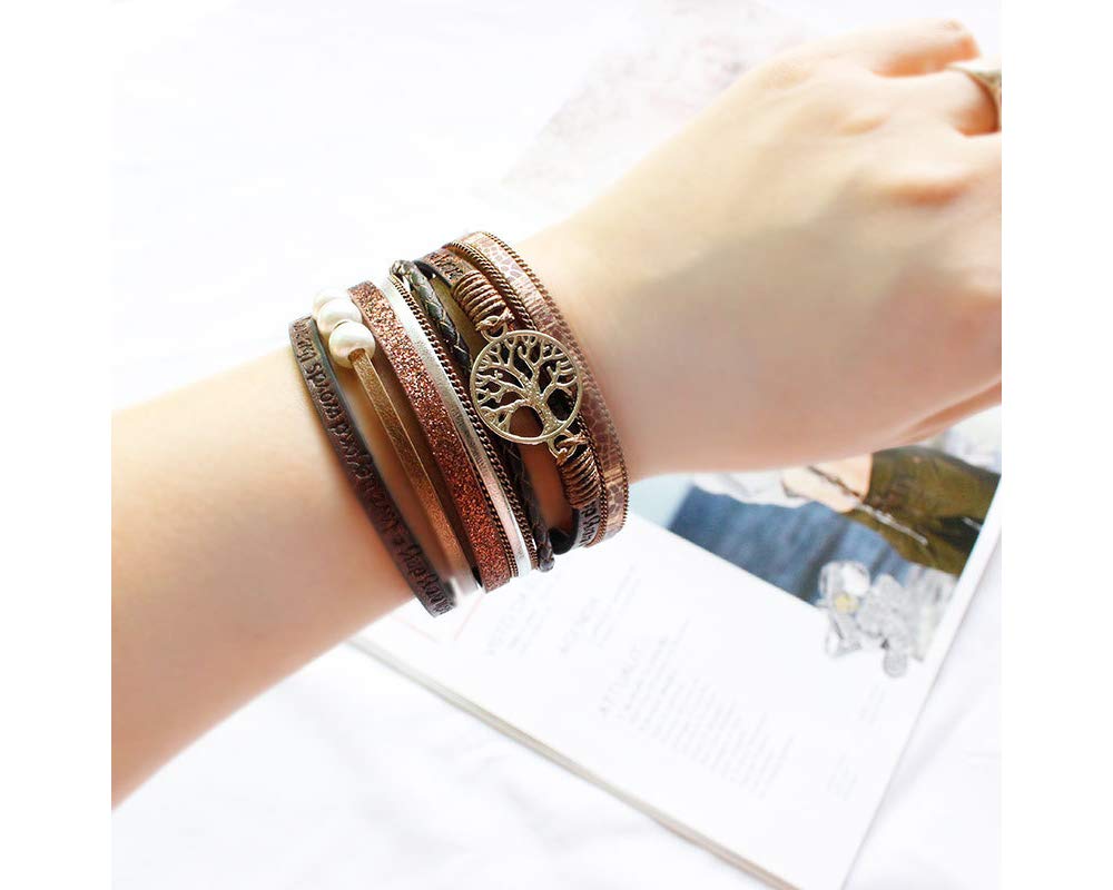 Fesciory Leather Wrap Bracelets for Women, Boho Leopard Multi-Layer Crystal Beads Cuff Bracelet Jewelry (Tree of Life(Brown))