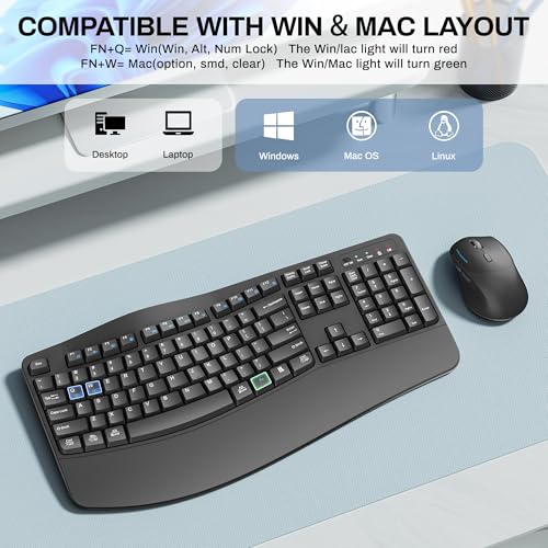 Wireless Keyboard and Mouse Combo,2.4G Full Size Wave Keys Ergonomic Keyboard with Wrist Rest for Natural Typing, 3 DPI Ad...