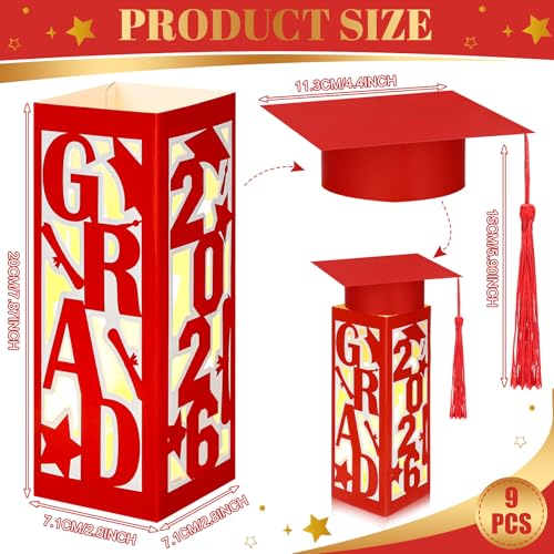 Tellingyou 9 Pcs Graduation Table Centerpieces Boxes 2026 Graduation Lantern Boxes with LED Light Small Cap Table Decorati...