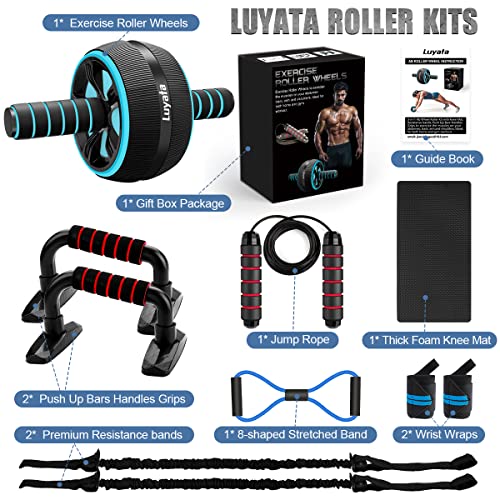 Ab Roller Wheel, 10-In-1 Ab Exercise Wheels Kit with Resistance Bands, Knee Mat, Jump Rope, Push-Up Bar - Home Gym Equipme...