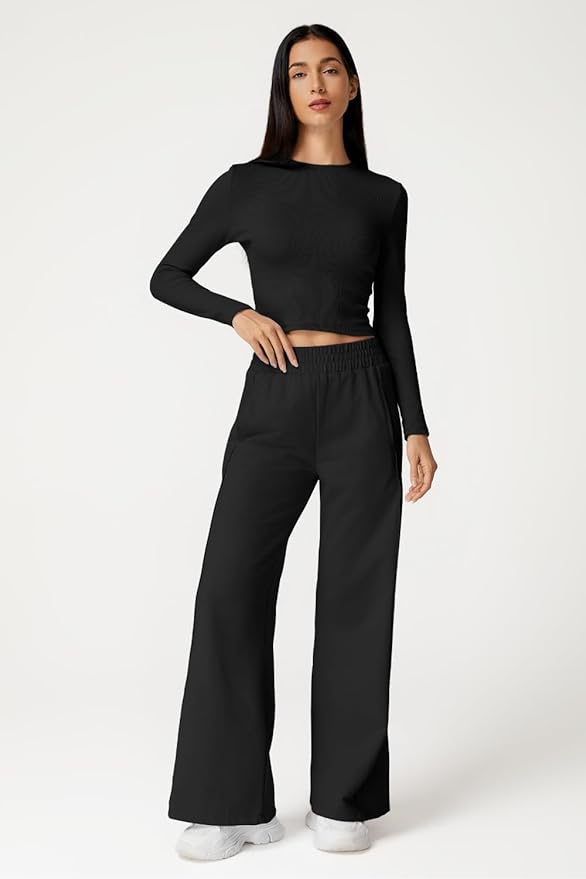 QINSEN Womens 2 Piece Sets Long Sleeve Slim Fit Crop Tops Wide Leg Pants Matching Lounge Set