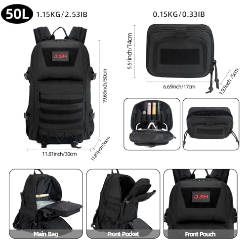 J.SH Military Tactical Backpack for Men Heavy Duty Hiking Rucksack Army MOLLE System 50L Large Capacity Backpack Waterproo...