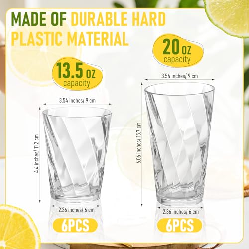 LemonRoad 12 Pack Plastic Drinking Glasses Set Reusable 13.5 oz Rocks & 20 oz Water Cups Set Stackable Plastic Tumblers Ki...