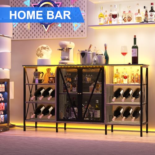 Garvee Farmhouse Wine Bar Cabinet with Wine Rack and Glass Holder, Rustic Coffee Bar with Led Light, Metal Sideboard and Liquor Table Cabinet with Mesh Door for Living Room, 55.12", Dark Grey