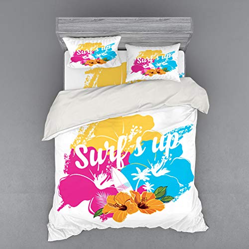Ambesonne Beach Saying Bedding Set, Tropical Hawaiian Hibiscus Flower Bouquet and Surf up Phrase with Paddle Board, 4 Piec...