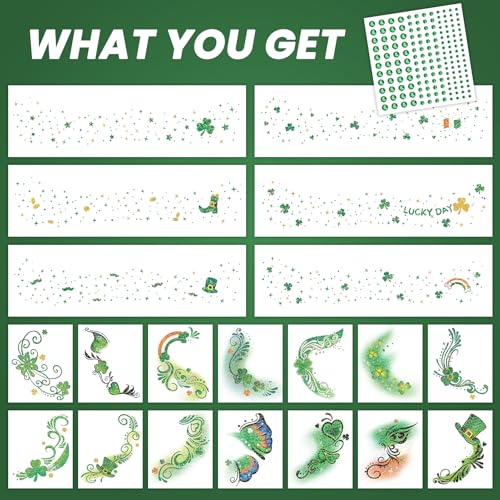 EMOME St Patrick Day Accessories, St Patrick's Day Glitter Shamrock Face Tattoo with Green Face Gems and Faux Freckles, Sa...