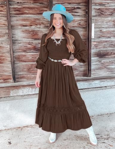 ZESICA Women's 2026 Boho Long Sleeve Square Neck Smocked High Waist Flowy A Line Lace Trim Maxi Dress