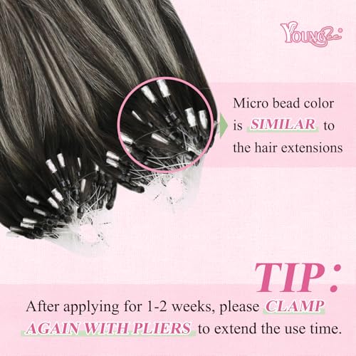 YoungSee Micro Loop Hair Extensions Real Human Hair Ombre Microlink Hair Extensions Balayage Black with Silver Bead Hair Extension Human Hair Straight 24 Inch 50g 50s