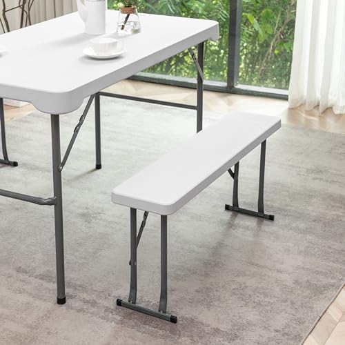 BTEXPERT 3-Piece Set Plastic Portable Folding Beer Picnic Table & Two Benches Seats Foldable Heavy Duty White for Party RV...