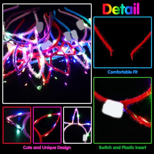 Honoson 15 Pcs LED Light up Glasses 15 Pcs Cat LED Cute Headband Cat Ears Sunglasses Glow in the Dark Party Supplies(shor...