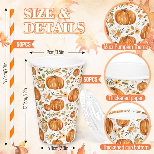 FYSUIMU 50 Set Fall Thanksgiving Disposable Coffee Cup with Lids and Straws 16Oz Rustic Watercolor Pumpkin Floral Paper Dr...
