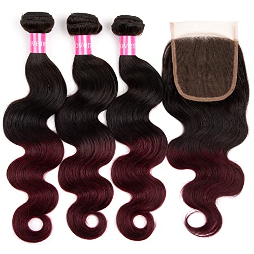 2 Tone Ombre Body Wave Human Hair 3 Bundles with 4x4 Lace Closure 100% Brazilian Remy Virgin Hair Body Wave Human Hair Bundles with 4x4 Free Part Lace Closure(T1B/99J, 10 12 14+10)