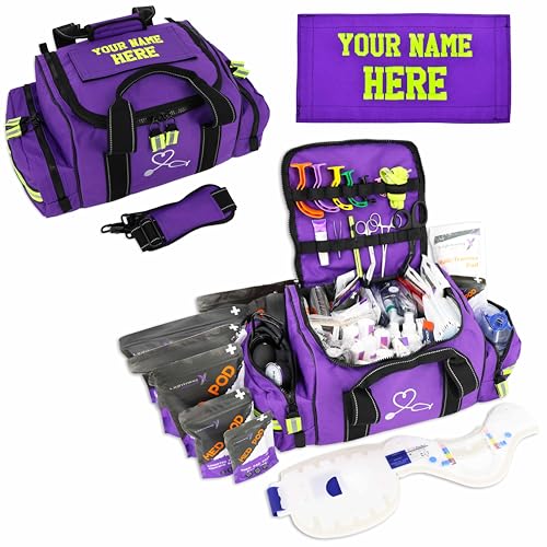 Lightning X Custom Embroidered Trauma Kit & Large EMT Bag w/ 250+ First Aid Supplies & Customized Name Patch | Purple