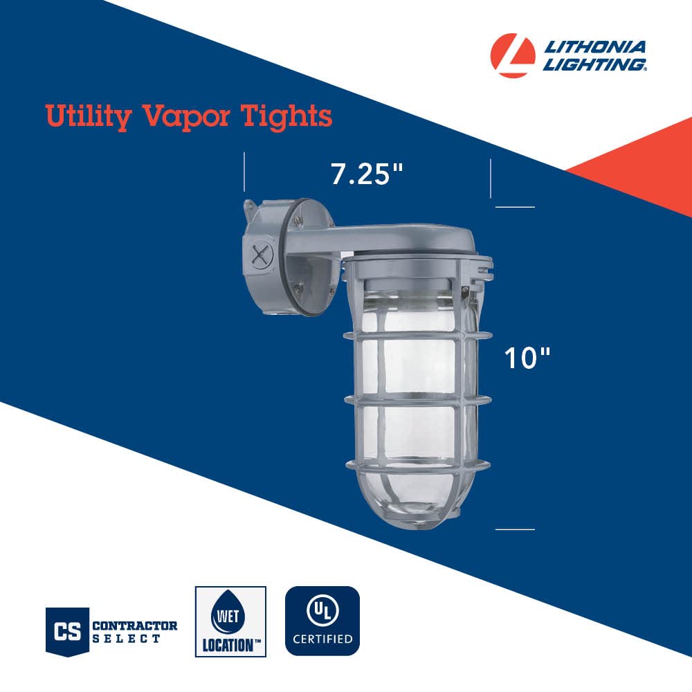 Lithonia Lighting Jelly Jar Light Fixture, Incandescent Utility Vapor Tight Wall Lamp, Industrial Style Wall Light for Indoor and Outdoor Use, 150W, 120V, Includes Junction Box, Grey (VW150I M12)