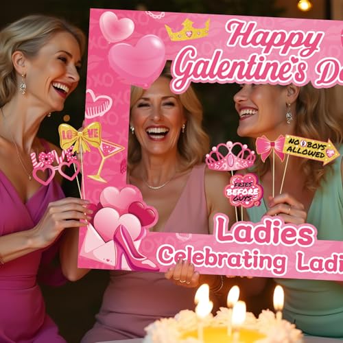 35 Pcs Galentines Photo Booth Props with Photo Frame, Galentines Day Photo Booth Props, Galentines Day Decorations Happy G...