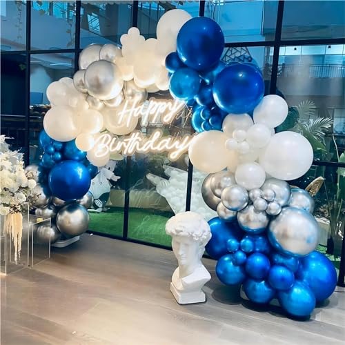 136pcs Blue White Silver Balloon Garland Kit - 18/12/10/5 Inch Royal Blue, Silver Confetti Balloon Arch for New Year, Grad...