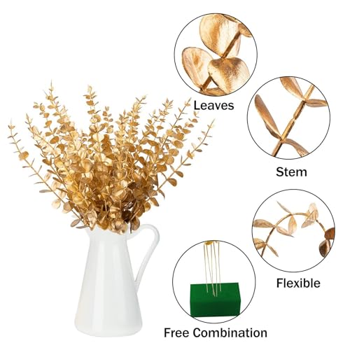 ABAJI Plastic Eucalyptus Golden Stems 12 Fake Faux Decorations Artificial Leaves Greenery Plant Leaf Home Office House Tab...
