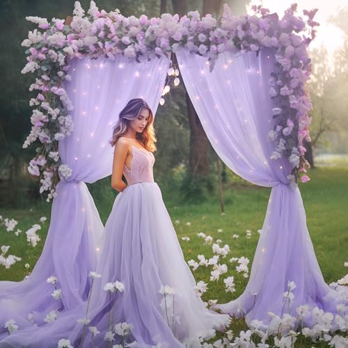 10x8ft Purple Tulle Backdrop Curtain with Lights String for Parites, Sheer Backdrop Curtains for Wedding Baby Shower Birth...