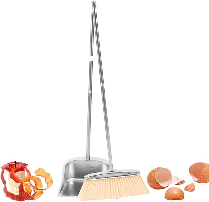 Stainless Steel Broom and Dustpan Set, Long Handle Floor Cleaning Tool & Home Cleaning Equipment, Heavy Duty Sweep Accessory for Living Room Bedroom Study Apartment Garage Bathroom Restaurant Office