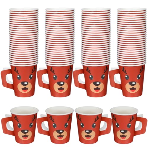 Mumufy 100 Pcs Christmas Disposable Cups with Handles 9 oz Xmas Coffee Paper Cups for Hot Chocolate, Cocoa & Beverages Bul...
