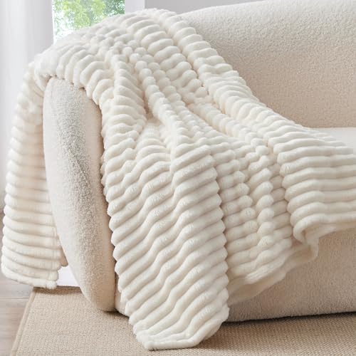 BEDELITE Fleece Throw Blanket for Couch - 300GSM Soft & Warm Fluffy Cream White Blanket, Decorative and Giftable Striped B...