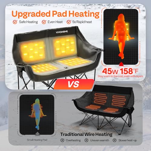 VIVOHOME 45W Padded Heating Double Camping Chair with 2 x 27000mAh Power Bank, Heated Oversized Portable Loveseat for Outd...