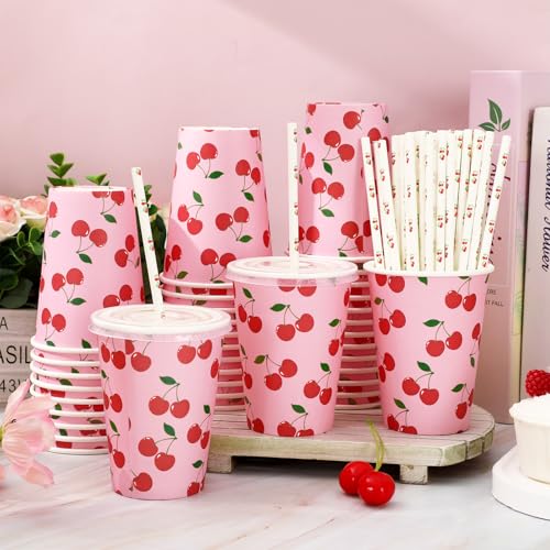 50 Sets Cherry Paper Cups with Paper Straws Plastic Lids 12OZ Disposable Coffee Tea Cups for Summer Fruit Birthday Party J...