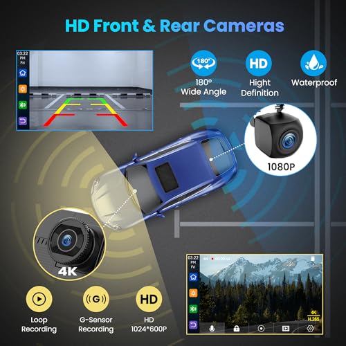 BIGASUO Wireless Carplay Screen for Car 4K Dash Cam, Apple CarPlay & Android Auto,9" HD Touchscreen with 1080P Backup Came...