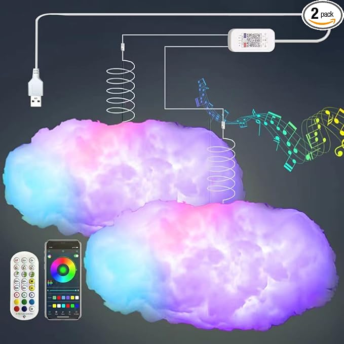 ZOKON 2PCS 3D Big Cloud lightning Light Kit Music Sync Warm Multicolor lightning Changing Strip Lights 360 Degree Wireless...
