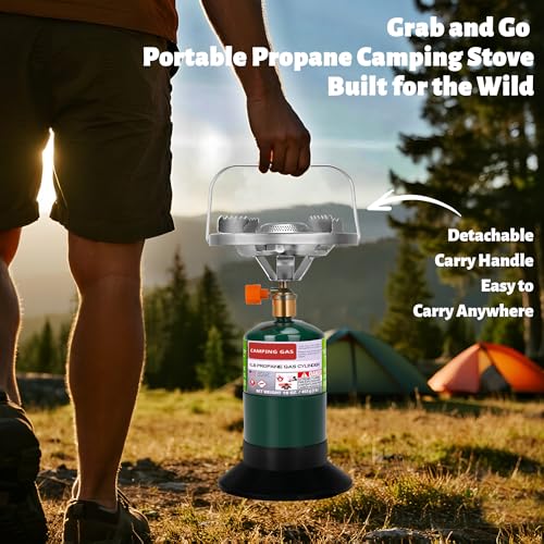 Propane Camping Stove, Portable Backpacking Stove with Adjustable Burner, Stable Camp Gas Stove for Outdoor Cooking, Singl...