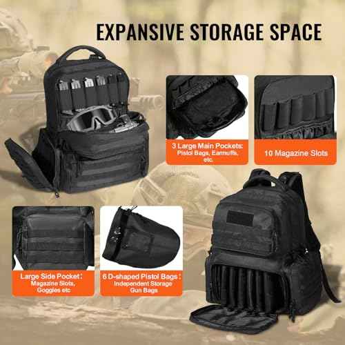 VEVOR Tactical Range Backpack for 6 Pistols, Gun Backpack with 6 Independent Pistol Bags & 10 Magazines, Pistol Backpack for Outdoor Hunting Shooting, Range Bag for Handguns Lockable Zipper, Black
