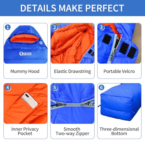 QEZER Down Sleeping Bag for Adults 0°F 10°F 15°F 20°F Backpacking Sleeping Bag for Cold Weather with Compression Sack