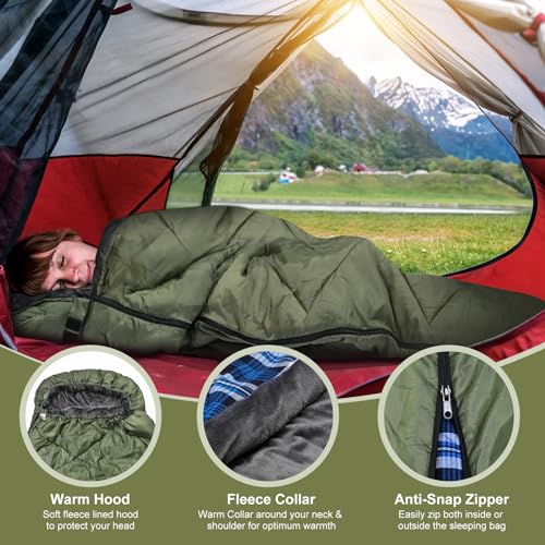 AGEMORE Cotton Flannel Sleeping Bag with Fleece Lined Hood, Waterproof XL Sleeping Bag for Adults, for Cold Weather Campin...