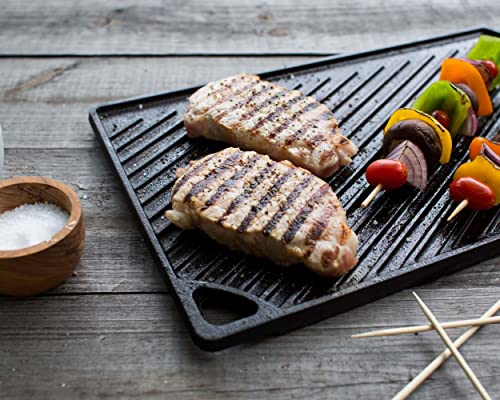 Lodge Reversible Cast Iron Grill/Griddle – 9.5 x 16.75 Inch Pre-Seasoned Cooking Surface – Flat & Ribbed Sides – Use on St...