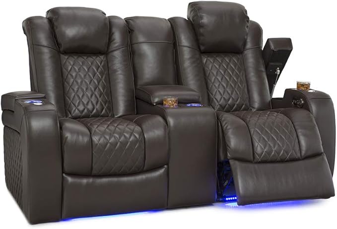 Seatcraft Anthem Home Theater Seating - Italian Leather - Power Recline Loveseat - Center Storage Console - Powered Headrests - Arm Storage - USB Charging - Cup Holders, Brown