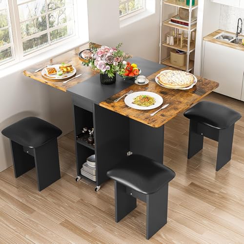 AWQM Foldable Dining Table Set for 4,Folding Dining Table with 4 Leather Chairs & Storage,Drop Leaf Dinner Table with 6 Wh...