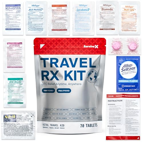 SurviveX Travel Medicine Kit - Compact TSA-Approved Medication Pack for Travel, Camping, Cruises - Includes Over-The-Count...