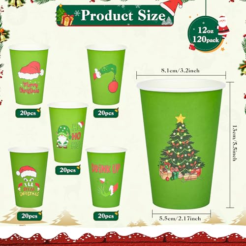 120 Pcs Merry Christmas Coffee Cups - Stink Stank Stunk Santa Hat Green 12 oz Disposable Hot Cocoa Coffee Paper Cup Bulk X...