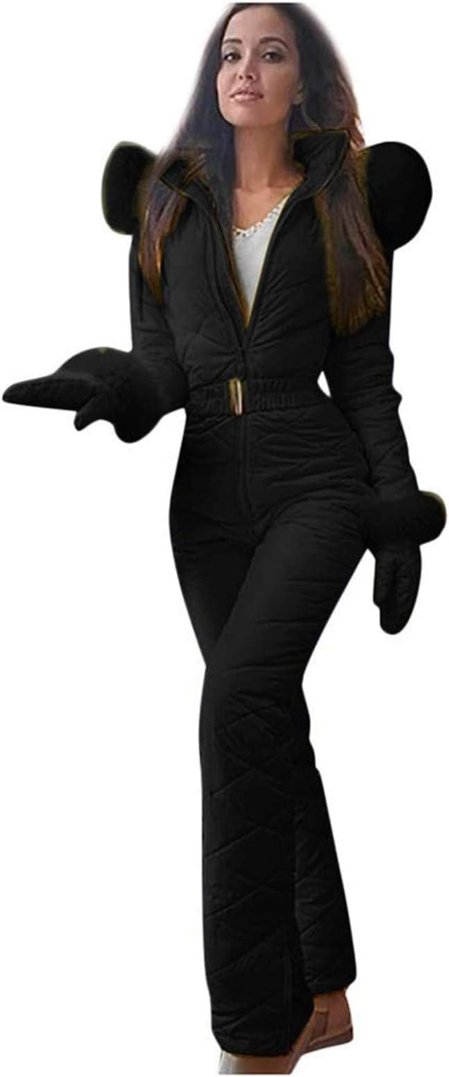 Movnebyro Womens One Piece Ski Suit Winter Ski Jumpsuits Waterproof Warm Snowsuit Fur Collar Outdoor Sports Outerwear