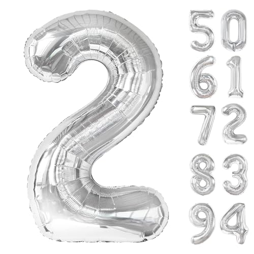 Silver 2 Balloon, Number Balloons 40 Inch, 2nd Balloon Number Birthday Decorations, Two Second Birthday Party Supplies, Nu...