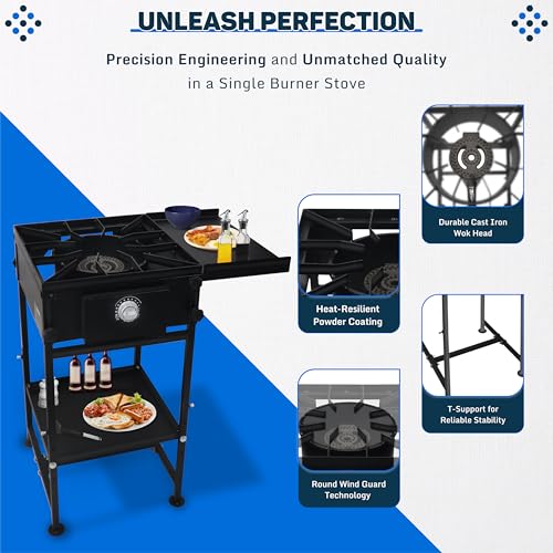 Single Propane Burner Stove - 1,30,000 High btu Propane Burner Camping Stove with Side Shelf & Bottom Shelf - Steel Single...