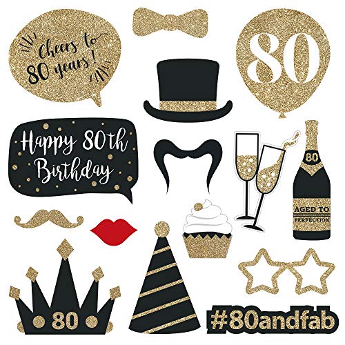 Fully Assembled 80th Birthday Photo Booth Props - Set of 30 - Black & Gold Selfie Signs - 80th Party Supplies & Decoration...