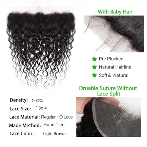 Kapelli Hair 13x4 Lace Frontal Closure Water Wave Regular HD Lace, 200% Density, 100% Brazilian Virgin Human Hair Ear to Ear HD Lace Frontal Pre Plucked with Baby Hair Natural Black Color 22 Inch
