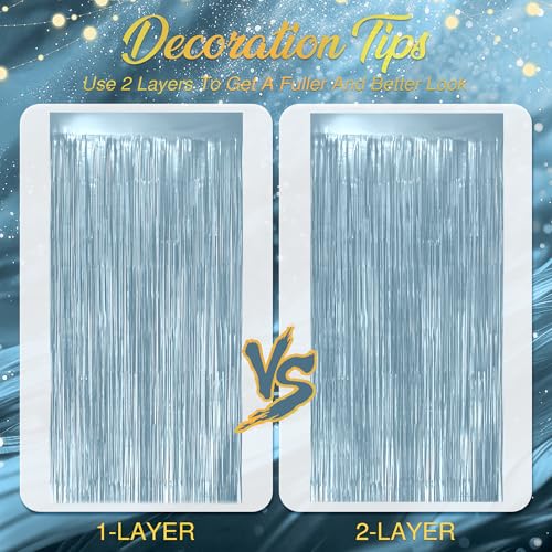 2 Pack Metallic Light Blue Fringe Backdrop, 3.2x8.2ft Shining Foil Tinsel Curtains, Birthday Party Decorations Door Stream...