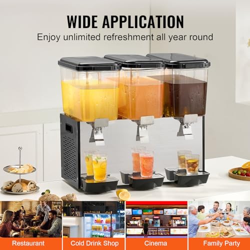 VEVOR Commercial Beverage Dispenser, 3 Tanks 18 L / 19 QT Per Tank Juice Dispenser, 512W Stainless Steel Ice Tea Drink Mac...