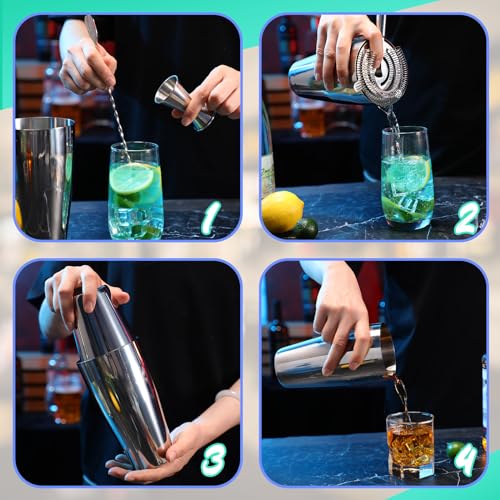 FoldTier 15 Pcs Cocktail Shaker Set Bartender Kit Boston Shaker Professional Bar Gifts with 18oz and 28oz Stainless Steel ...